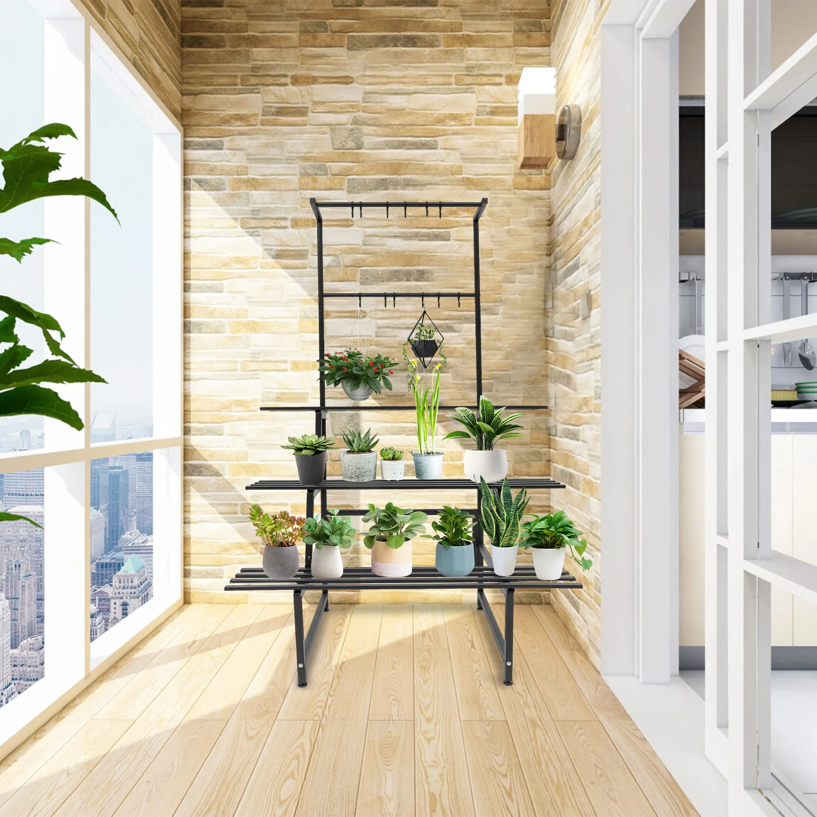 3 Tier Ladder Plant Stand with Hanging Bar-Indoor/Outdoor Shelves,44lbs/Tier Flower Pot Organizer for Garden,Balcony,Living Room