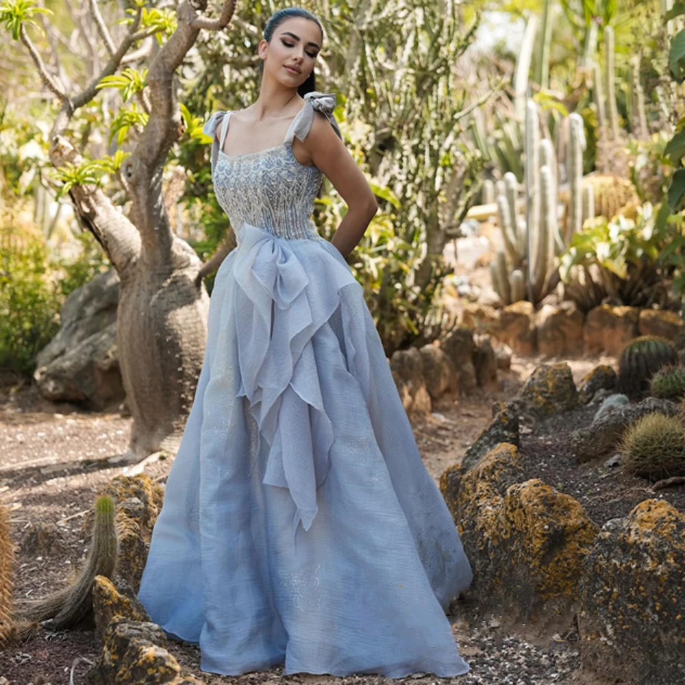 

Spaghetti Straps Beaded Evening Dresses Elegant A Line Blue Sequin Crystal Formal Party Prom Gown Vestido De Noche Customized