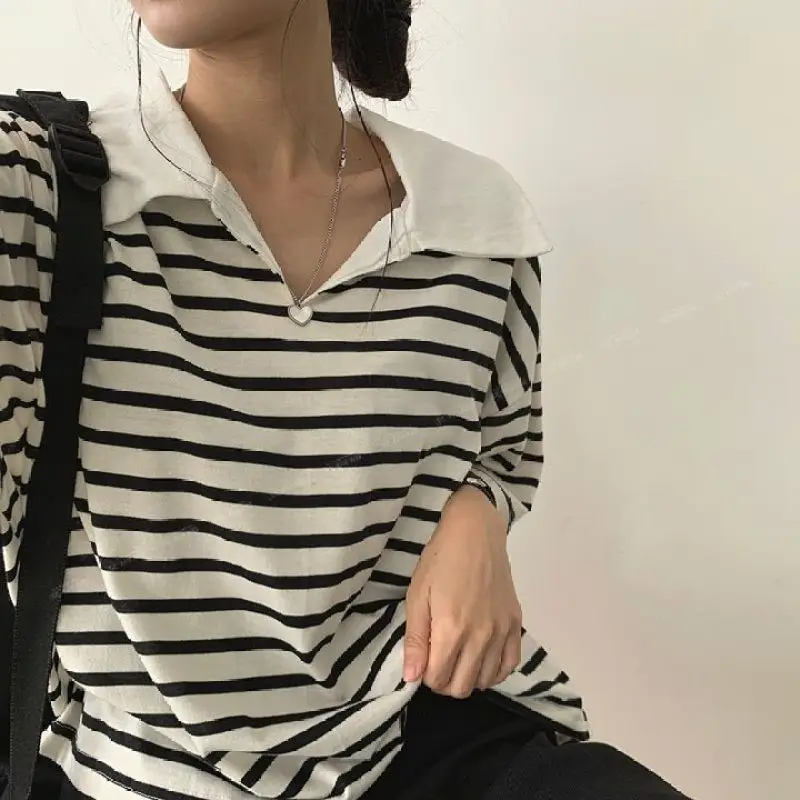 

Women Summer Casual Loose Preppy Style Striped Polo-Neck Short Sleeve T-Shirt Women Clothes Simplicity All-match Trend Top Tee