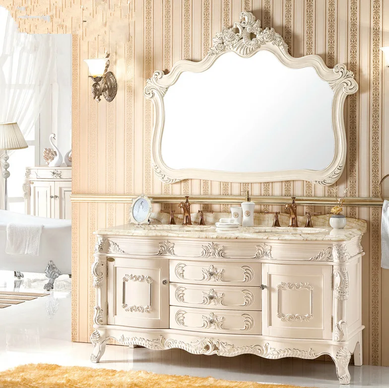 European-style double bowl bathroom vanity set - oak washbasin cabinet - solid wood floor-standing bathroom cabinet