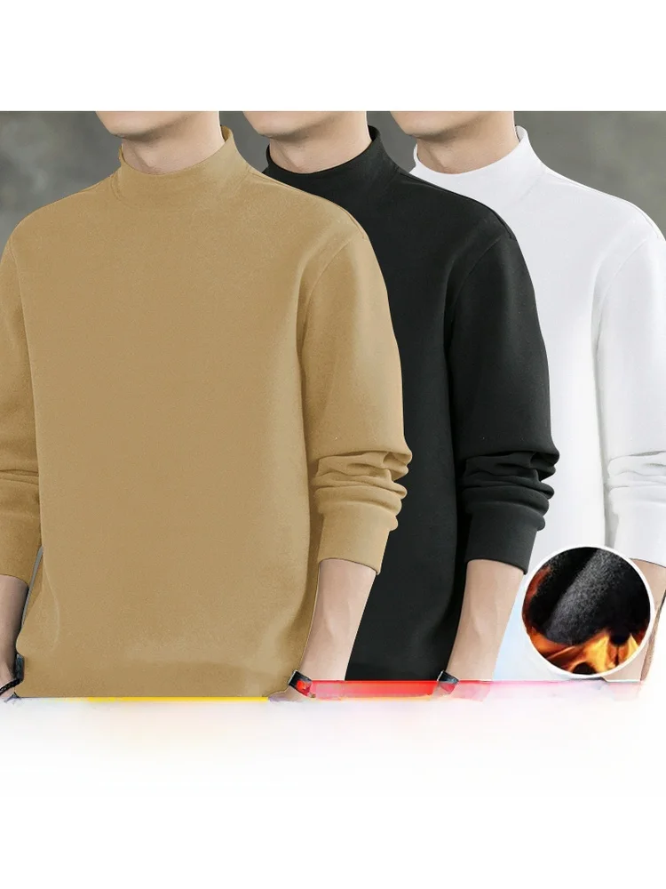 Double-Sided German Velvet Mid-Neck T-Shirt Men's Base Layer Shirt Warm Fashionable Korean Style Half-High Collar T-Shirt