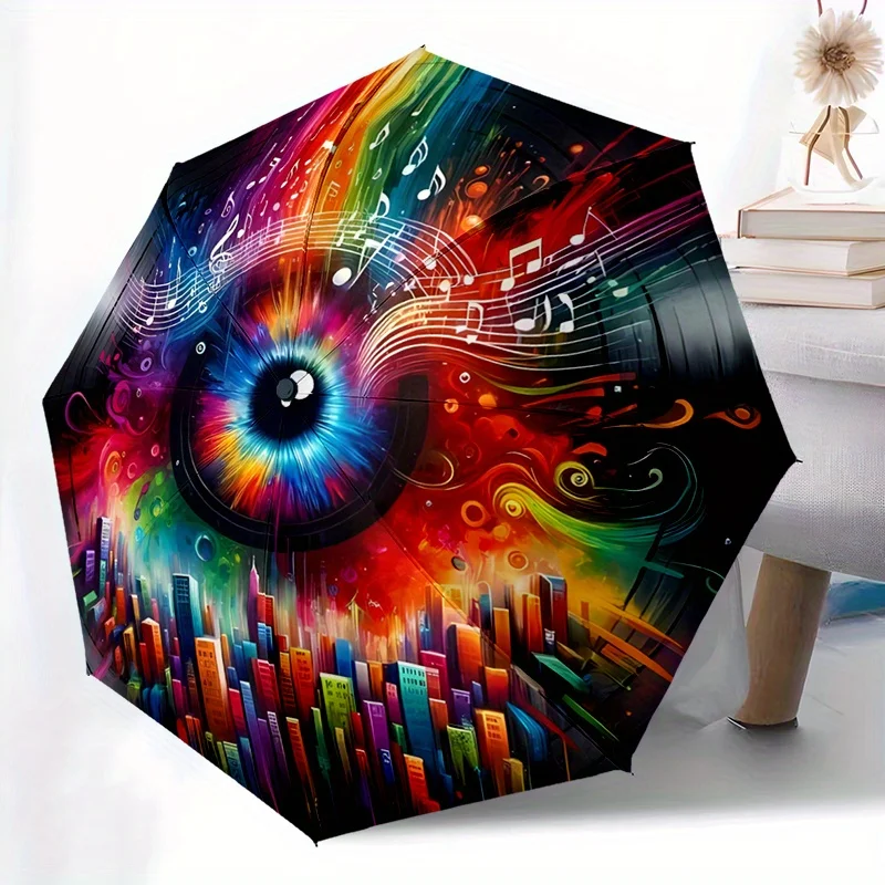 

1pc Vibrant Music-Themed Automatic Folding Umbrella - 8-Rib Compact Design, Colorful Note & Book Illustration, Durable Iron Fr