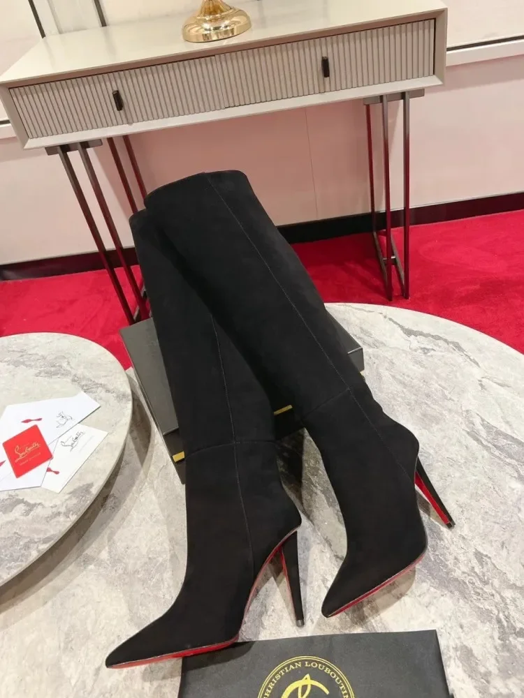 New European and American Women's Slim High Heels, Pointed Rivets, Knee Length Boots, Fashionable Party Oversized Mid Size Boots view 5