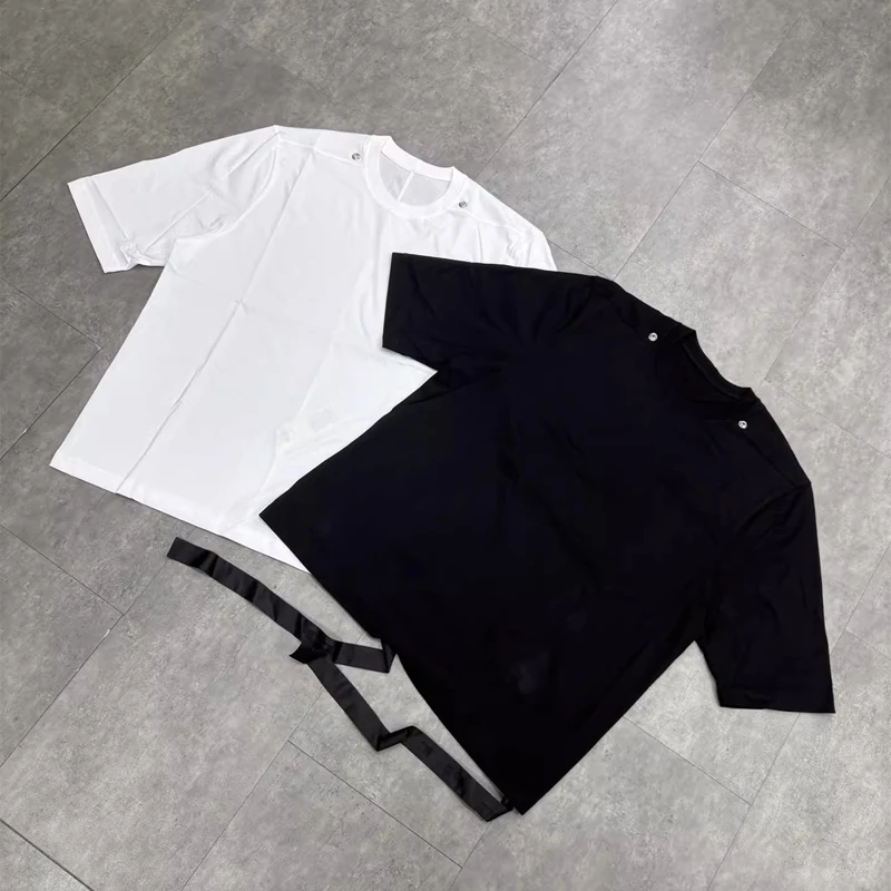 Oversize RO Style Metal Buckle Label T Shirt Men Women Trendy Brand High Quality Loose Short Sleeve with Long Suspension Line