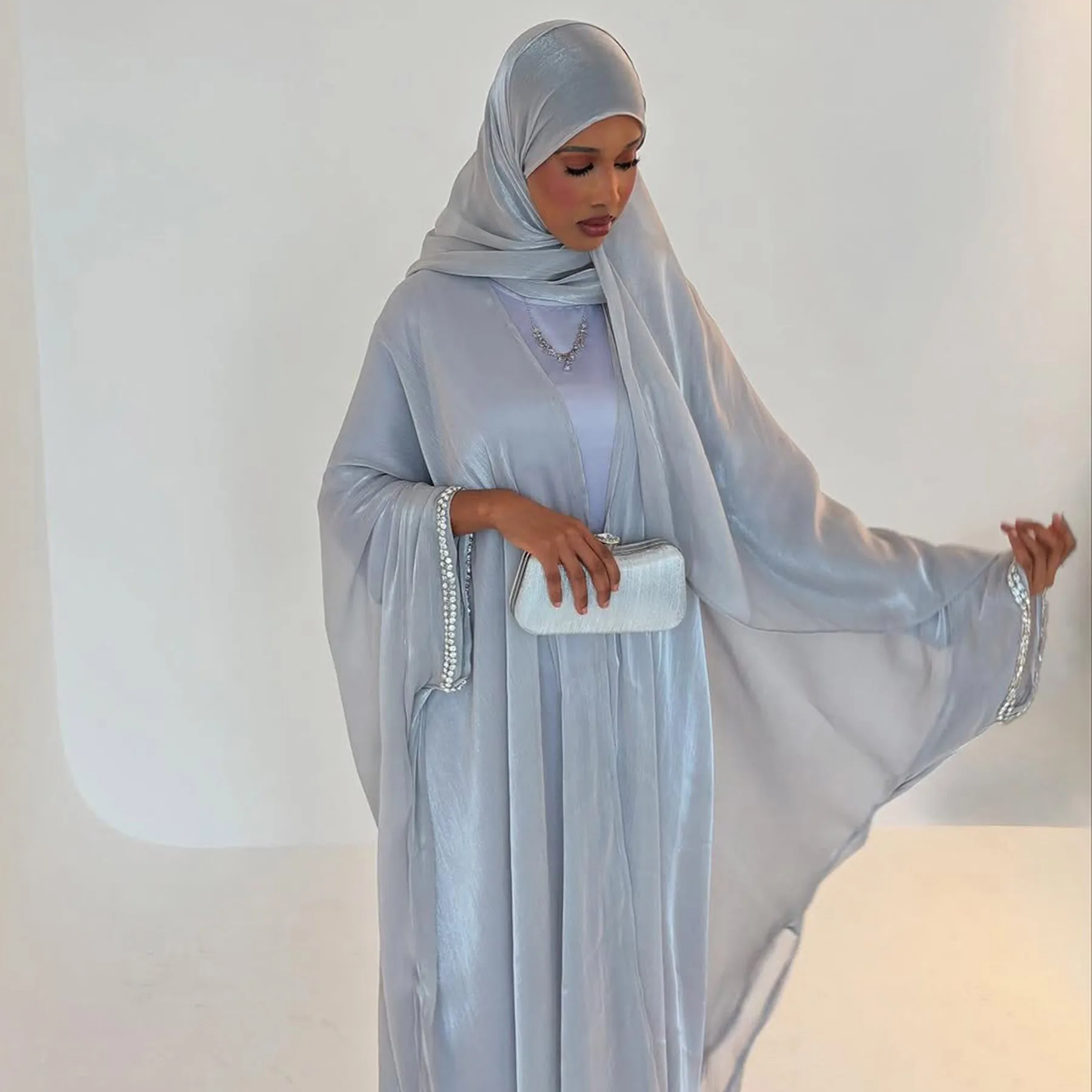 Muslim Set 3-Pieces Women Kimono Cardigan Diamonds Open Abaya Inner Dresses Scarf Arabic Robe Dubai Turkey Islamic Clothing Arab