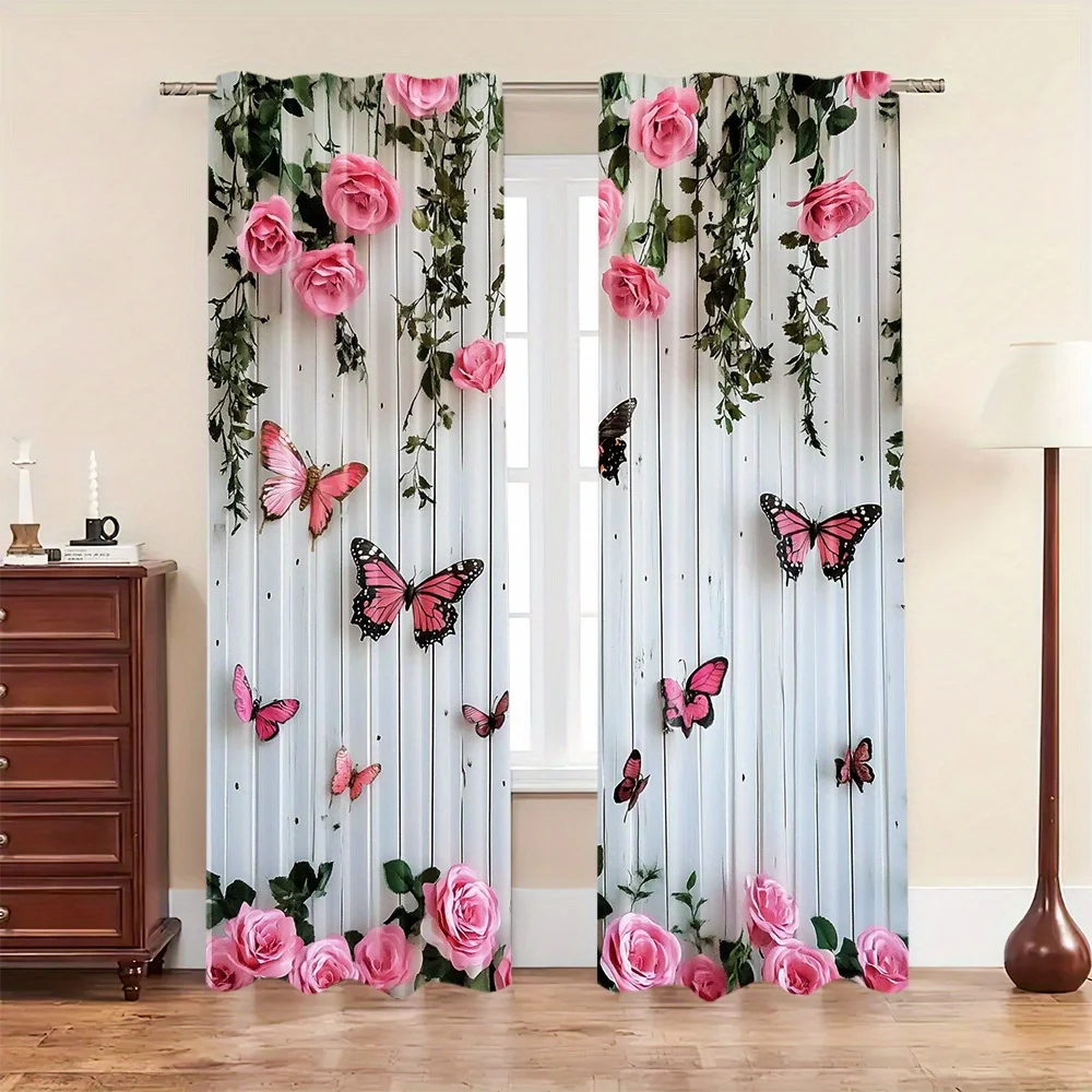 2pcs Set Butterfly & Pink Rose Blackout Curtains - Heat Insulating, Privacy Enhancing Translucent Drapes for Bedroom, Living Roo