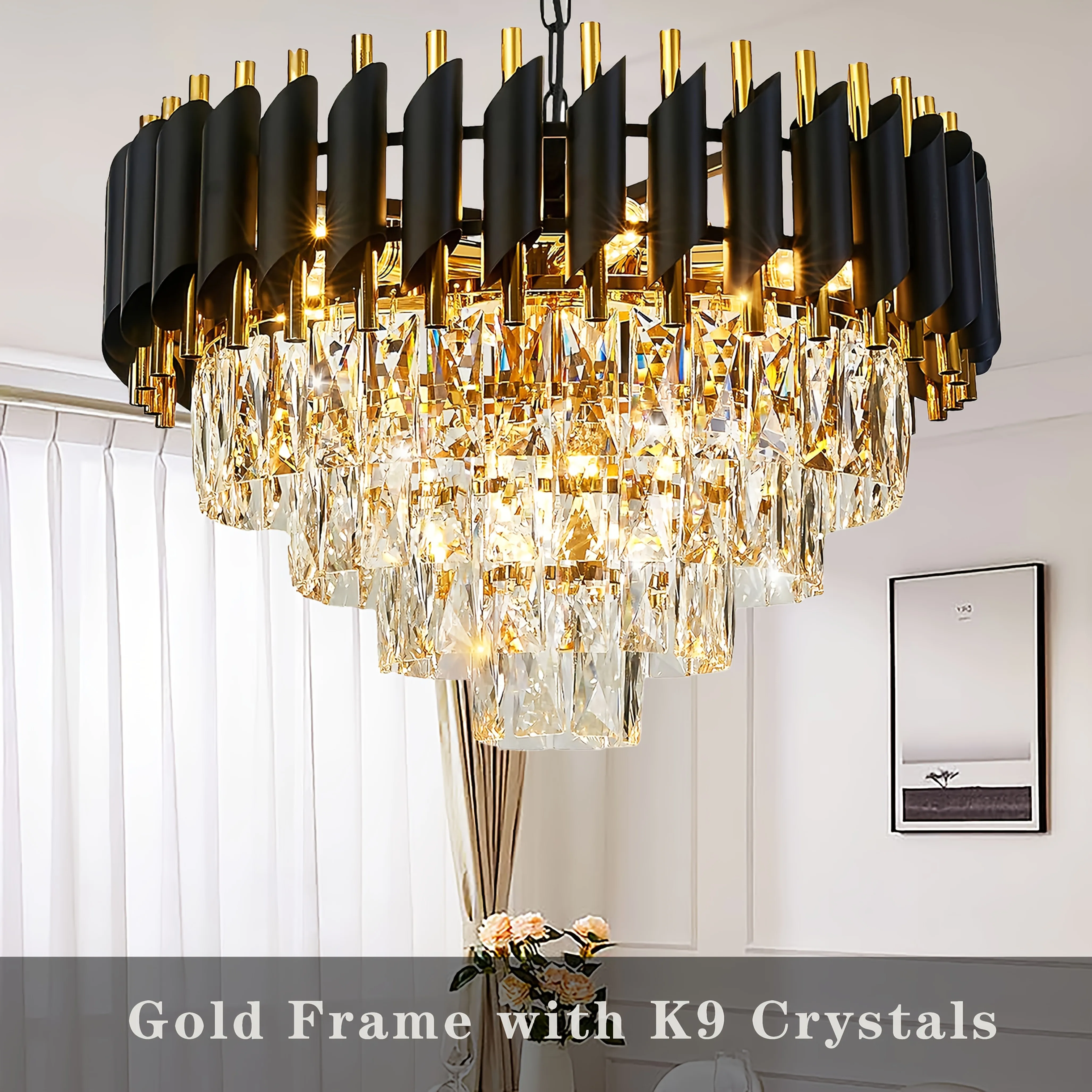 

A Contemporary Circular Chandelier with Four Levels, Featuring Ten Lights, Tailored for Kitchen Islands. It Has a Diameter of 20 Inches, Crafted from K9 Crystal, Easy to Set Up, And Ideal for Living Rooms, Bedrooms, Hallways, And Entryways