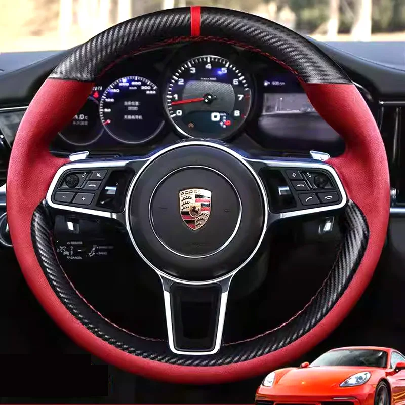 

DIY Red Suede Carbon Fiber Steering Wheel Cover for Parsche Cayenne S Base E-Hybrid S Macan 918 Spyder Boxster 718 Cayman GT4