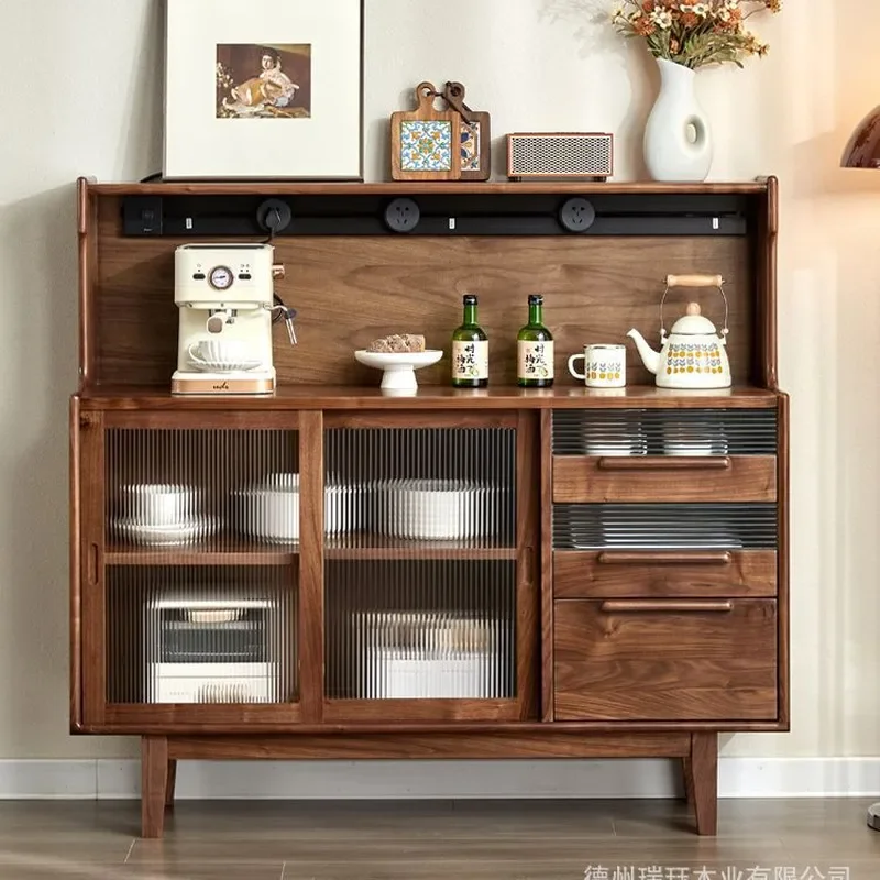 North American Solid Wood Dining Side Cabinet Black Walnut Light Luxury Small Tea Cabinet with Track Socket Restaurant