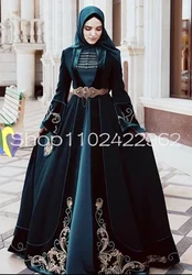 Hunter Green Muslim Prom Occasion Dresses with Long Sleeve Velvet High Neck North-Eastern Caucasus National Evening Gown