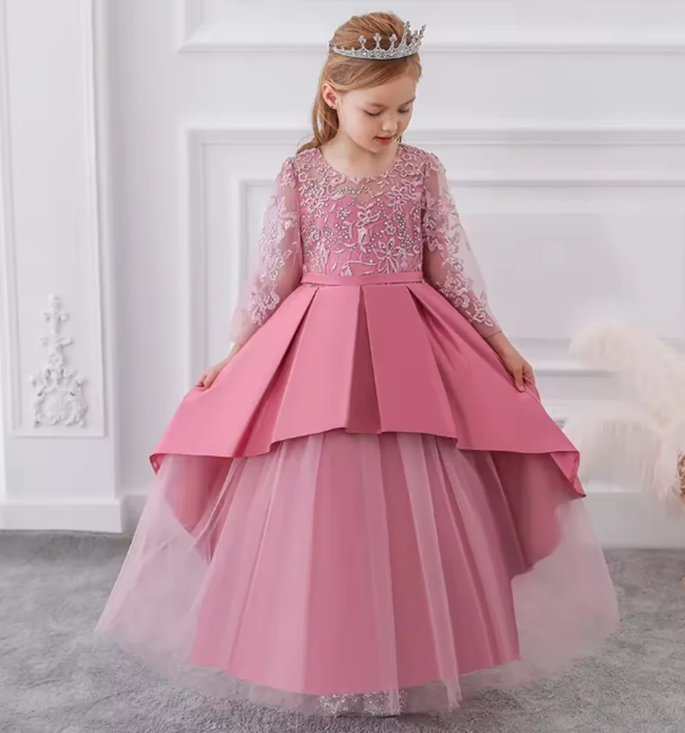 Elegant Kids pink Bridesmaid Party Dresses Long Sleeve Wedding Christmas Dress For Girls Children Princess Birthday Costume