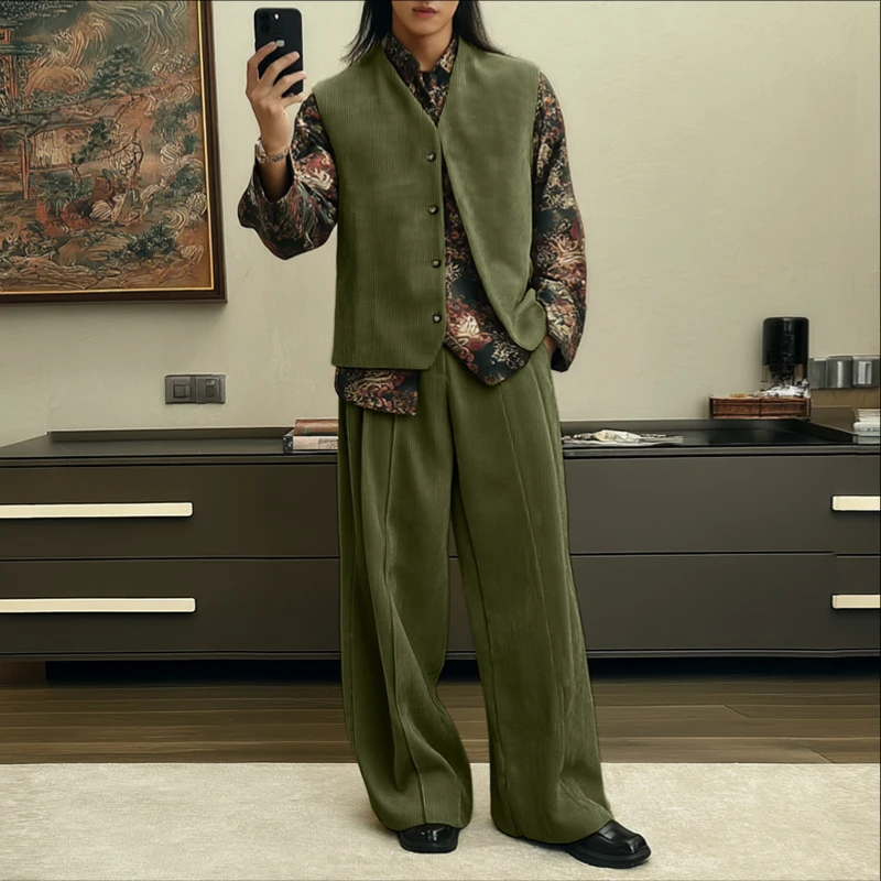 

INCERUN Мужские комплекты Вельветовые однотонные жилеты без рукавов с v-образным вырезом и брюки Комплекты из двух предметов Уличная одежда Свободные модные мужские костюмы S-5XL