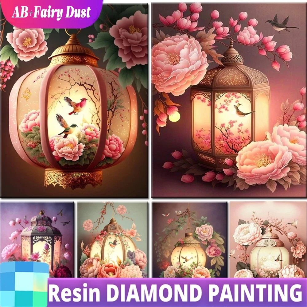 Resin AB Fairy Dust Diy 5D Diamond Painting Classical Lantern and Peony Flower Bird Chinese Style Cross Stitch Full Mosaic
