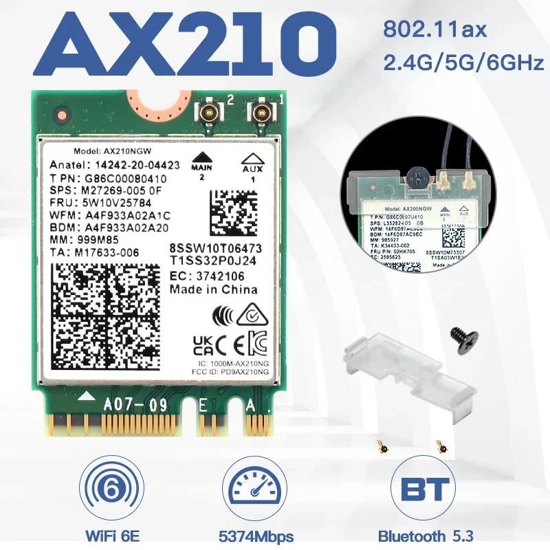 Wifi 6E AX210 AX210NGW Bluetooth 5.3 5374Mbps Wireless Wi-Fi 6 Card AX200 AC9260 8265 8260 7265 7260 3168 3165 M.2 Adapter