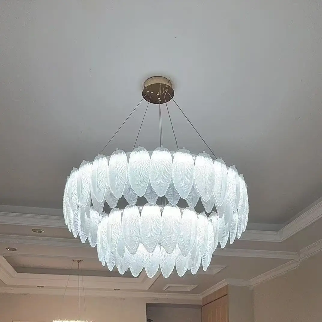Modern Luxury LED Feather Glass Chandelier, Gold Metal Pendant Light for Living Room Bedroom Home Decor Ceiling Lighting Fixture