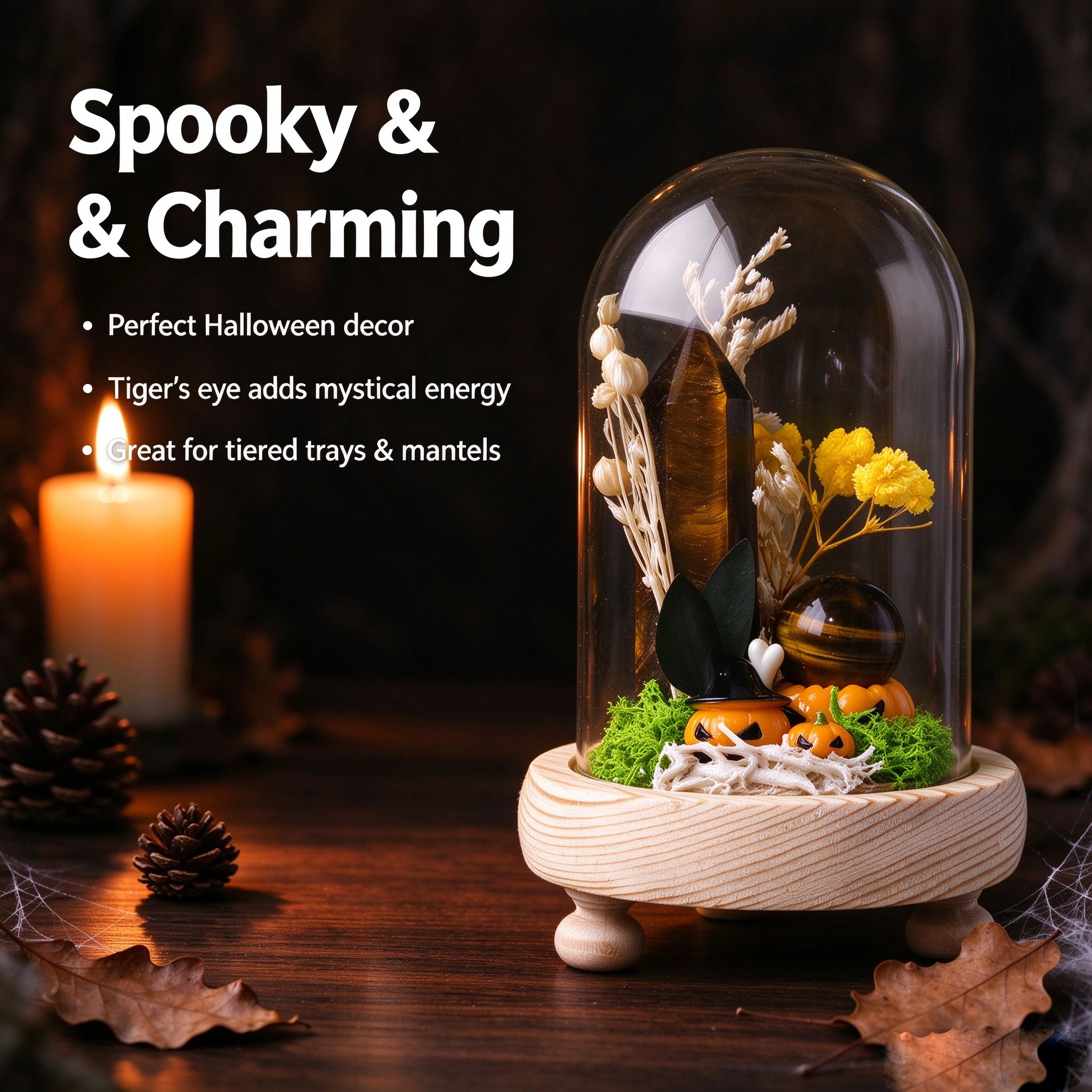 1PC Natural Crystal Point Pumpkin Forest Style Bonsai with Inlaid Wish Bottle, Energy Healing Mineral Craft, Desktop Home & Gard