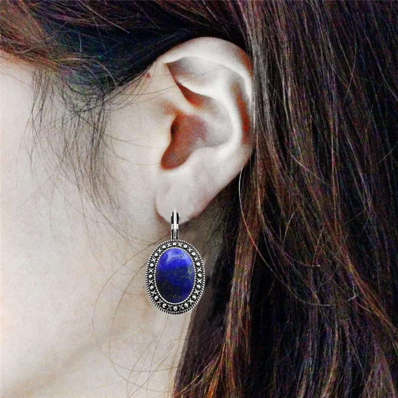 Natural Lapis Lazuli Earrings Vintage Pendant Earrings For Women Antique Silver Plated Fashion Jewelry