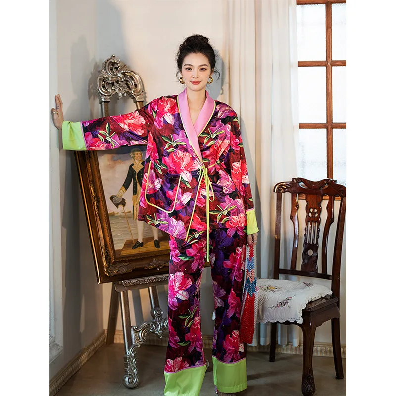 Rose Printed Satin Pijamas Set Silk V Neck Loungewear Sleepwear For Women Long SleevesKimono pants 2pcs Suit Homewear For Female