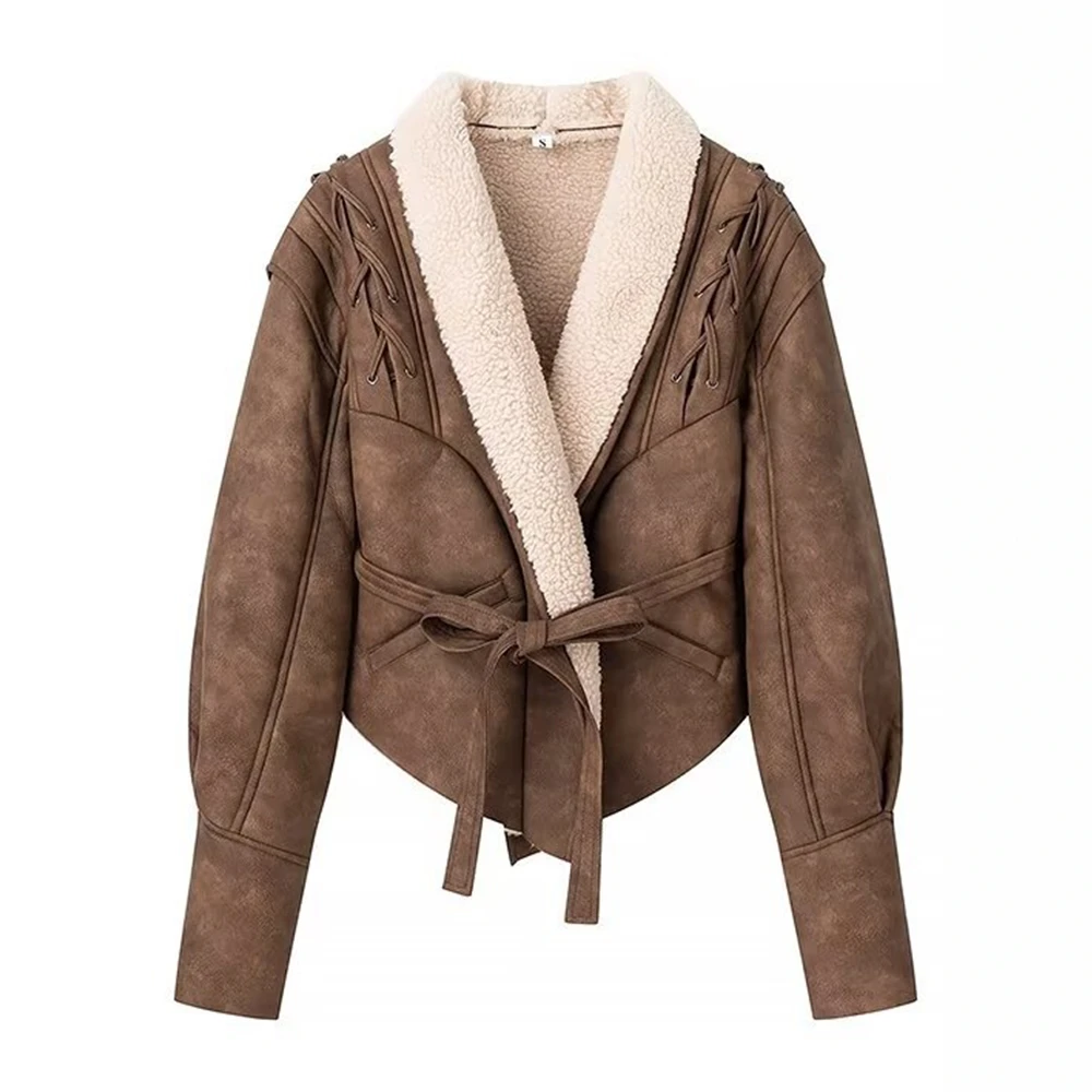 المرأة الخريف الشتاء طويلة الأكمام التلبيب معطف بارد الحلو بلون الصوف الزنانير ملابس خارجية غير رسمية للسيدات