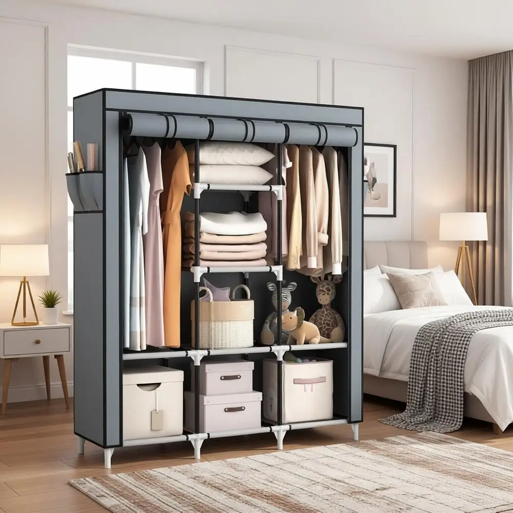 

Портативный шкаф-гардероб с 2 штангами для одежды и 8 полками для хранения, прочный большой шкаф для спальни или комнаты