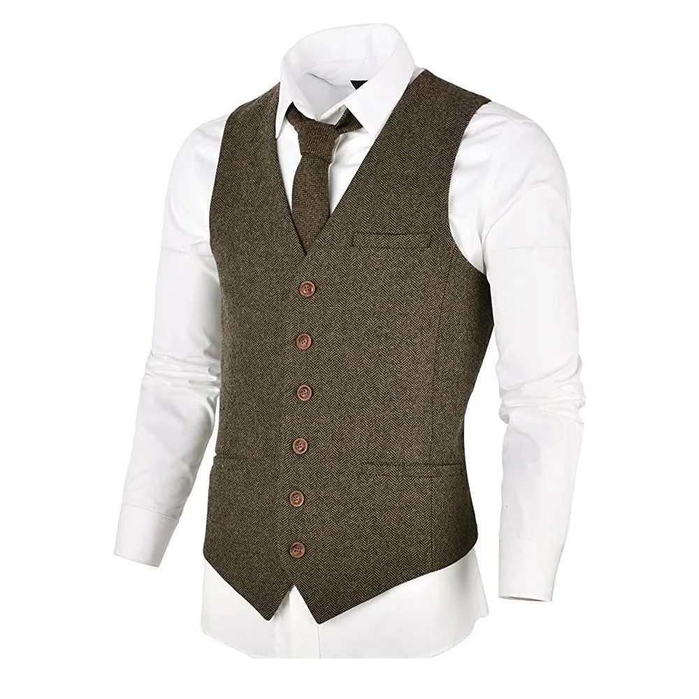 

Casual Sleeveless Vest for Men's Suit Single-Breasted Business Style Vintage Herringbone Fabric V-Neck Man Elegant Classic Suits