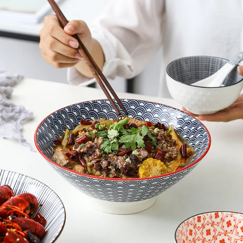 Cuenco grande para Ramen de 9 pulgadas, vajilla de cerámica japonesa bajo vidriado, tazón de sopa de fideos para el hogar