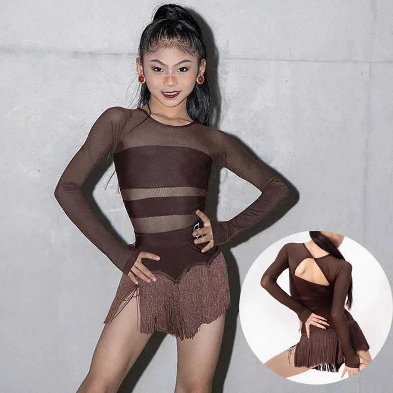 Latin Dance Dress Ballroom Dance Competition Costumes Girls Long Sleeved Latin Top Tassels Skirts Kids Stage Performance Wear