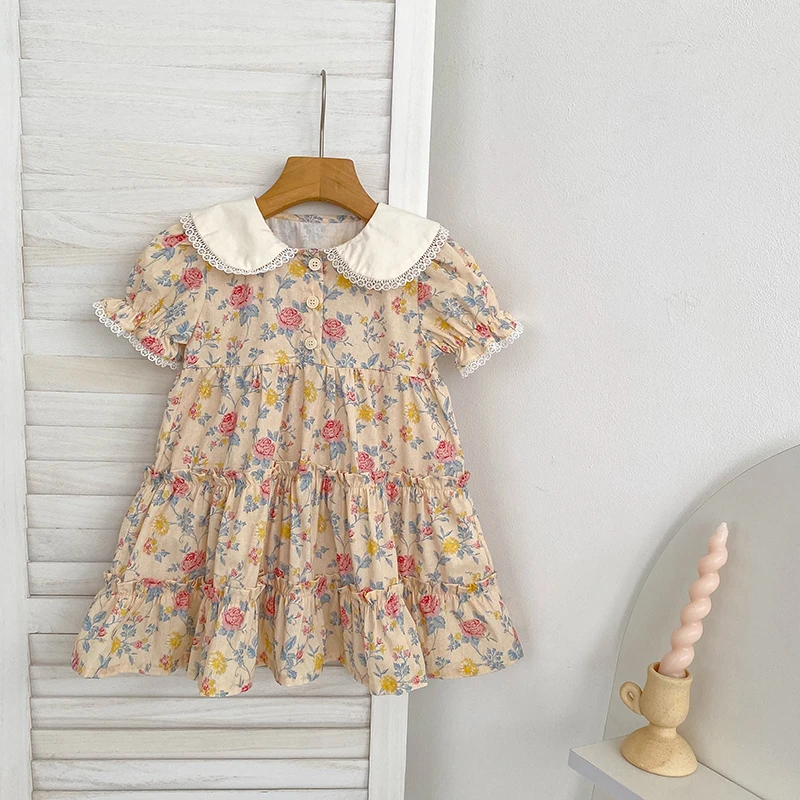 2026 Neues Mädchenkleid für den Sommer 2-6 Jahre Kurzarm-Kleid mit Blumenmuster Gerüschter Kragen Süßes Baumwollkleid – Detail 6