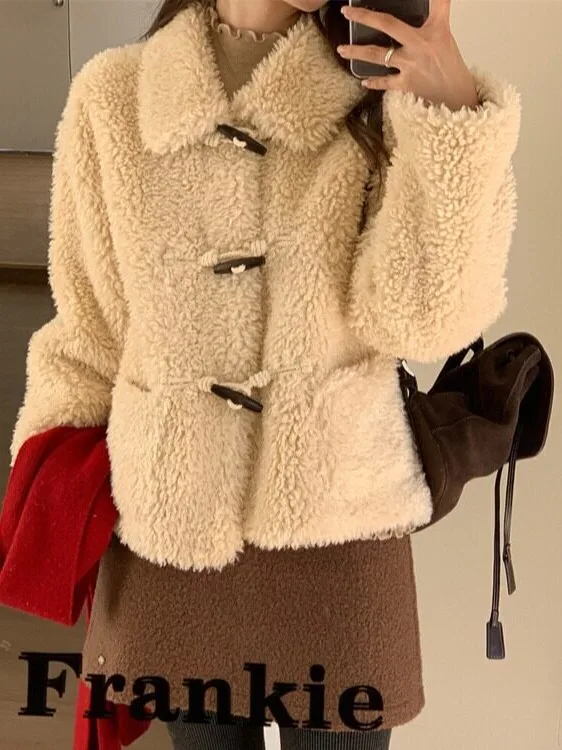 Cute Short Coat Korean Style Winter Jacket for Women Sheepskin Collar Button up Cotton Outerwear Youthful Appearance