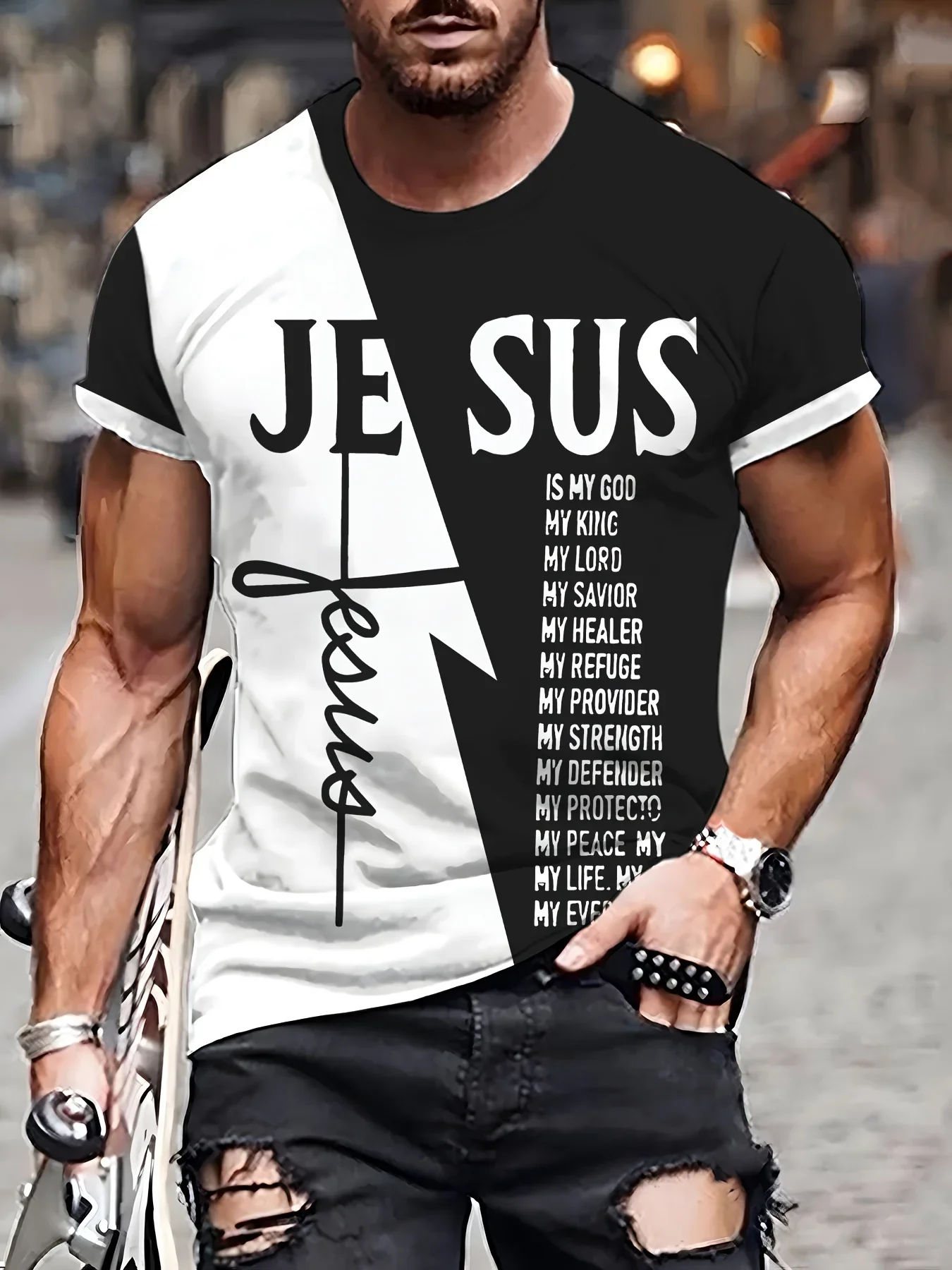 Herren-T-Shirt „Jesus ist mein Gott, König, Herr, Retter“, christlicher Glaube, Kreuz-Aufdruck, lässig, kurzärmelig, Street-Unisex-Kleidung