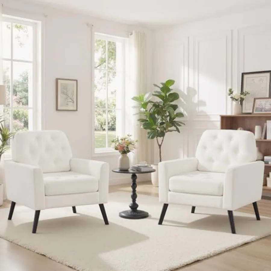 Accent Chair 2, Mid Century Modern Living Room Chairs Reading Chair, Upholstered Armchair with Tufted Back and Wood Legs, Singl