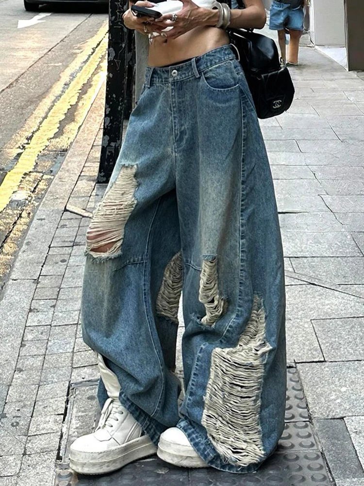 Zoki Women Hole Y2K Jeans Streetwear Sexy Low Waist Retro American Denim Pants Loose Pockets Vintage Bf Wide Leg Trousers Fall