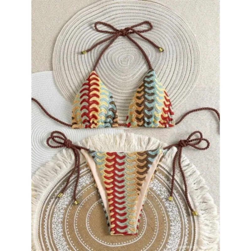 

Женский комплект бикини из сетки с этническим принтом, весна 2026, сексуальный раздельный купальник без спинки для Нового года, Рождества, горячих источников, бассейна, отпуска