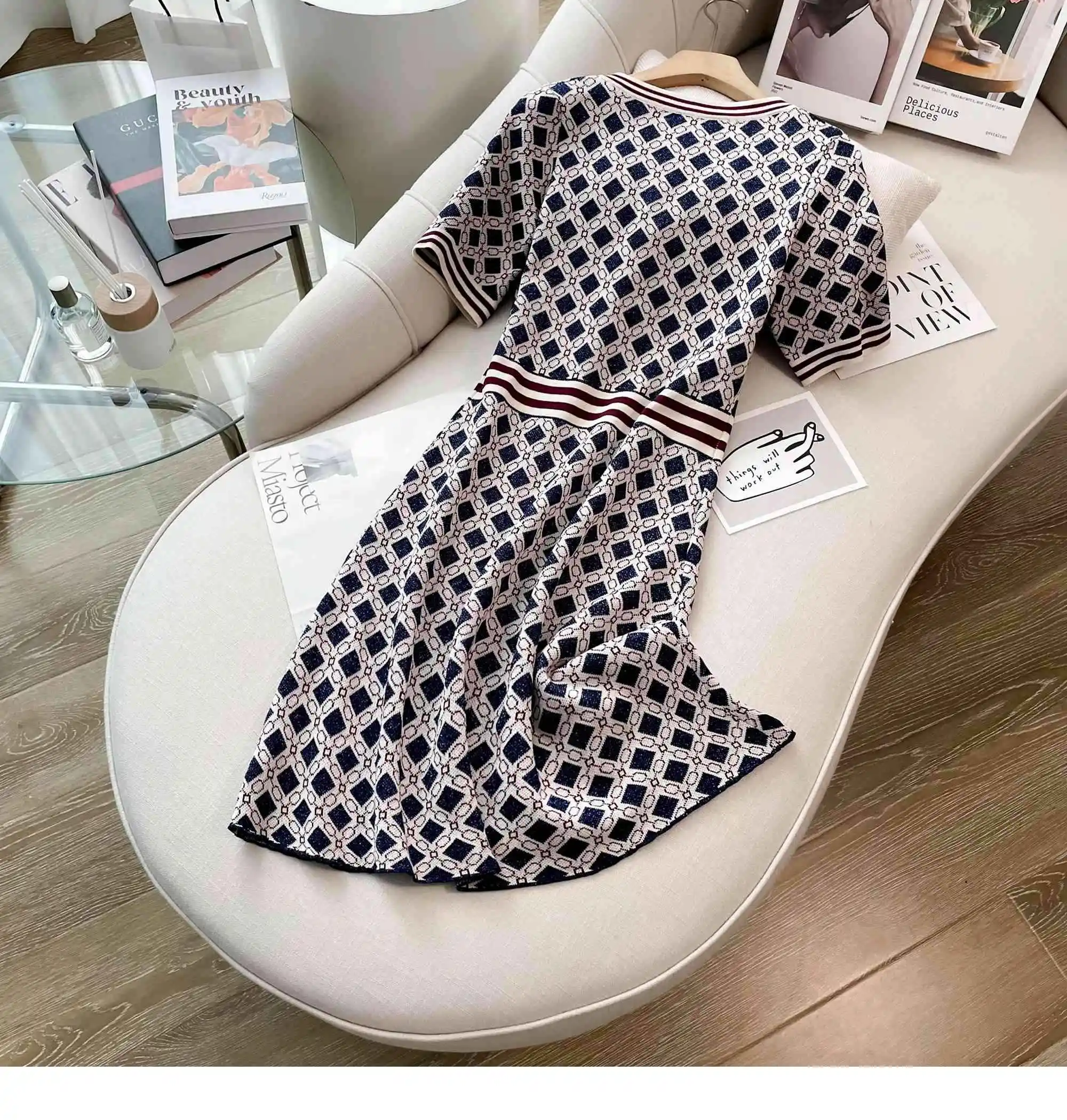 شيك موضة مثير التفاف الوركين محبوك فستان المرأة الخامس الرقبة قصيرة الأكمام Bodycon مطوي سترة فستان مكتب سيدة Vestios #3