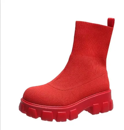 2023 Autumn Winter Couple Shoes Women Thick-Soled Casual Large Size Red Knitted Short Boots Fashion Women Boots Size 36-41