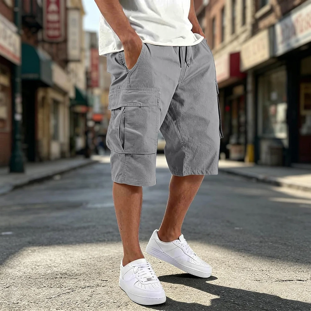 men's-solid-color-polyester-five-quarter-shorts-with-flip-pocket-loose-casual-for-fit-for-beach-vacation-yoga-sport