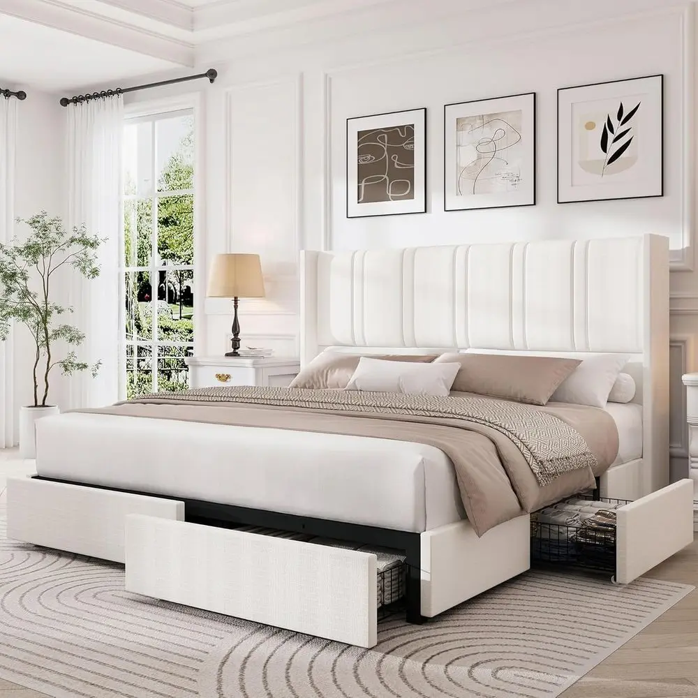 Cama tamaño Queen LARE con 4 cajones de almacenamiento y cabecero tapizado en lino, con plataforma y listones de madera, fácil montaje, W