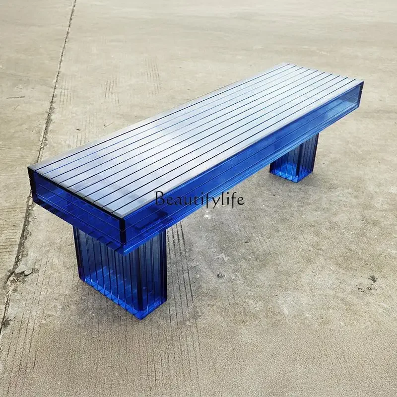88.Blue acrylic long stool, living room dining mall rest stool, villa entrance shoe changing bench