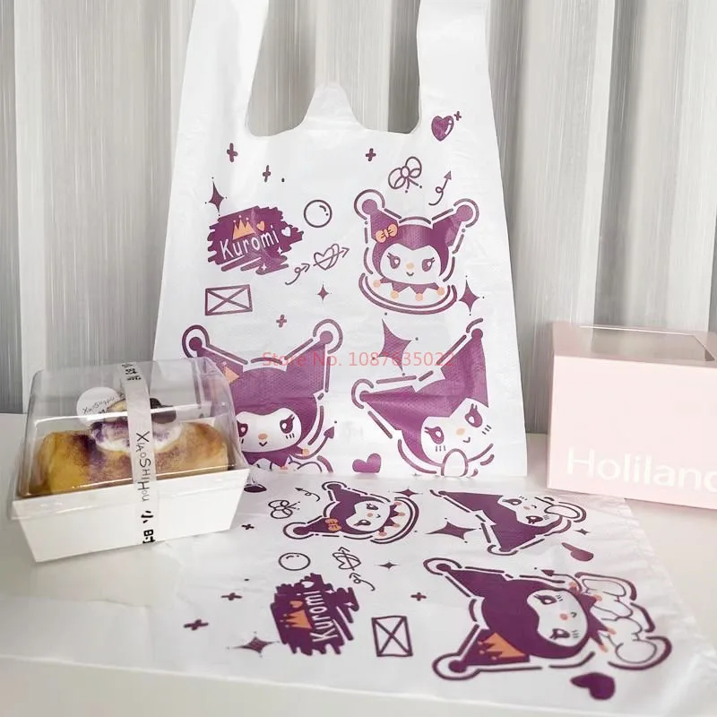 Sanrio-bolsa de plástico para la compra, 50 piezas, Hello Kitty, Cinnamoroll, Kuromi, portátil, de dibujos animados, bonita, para el hogar