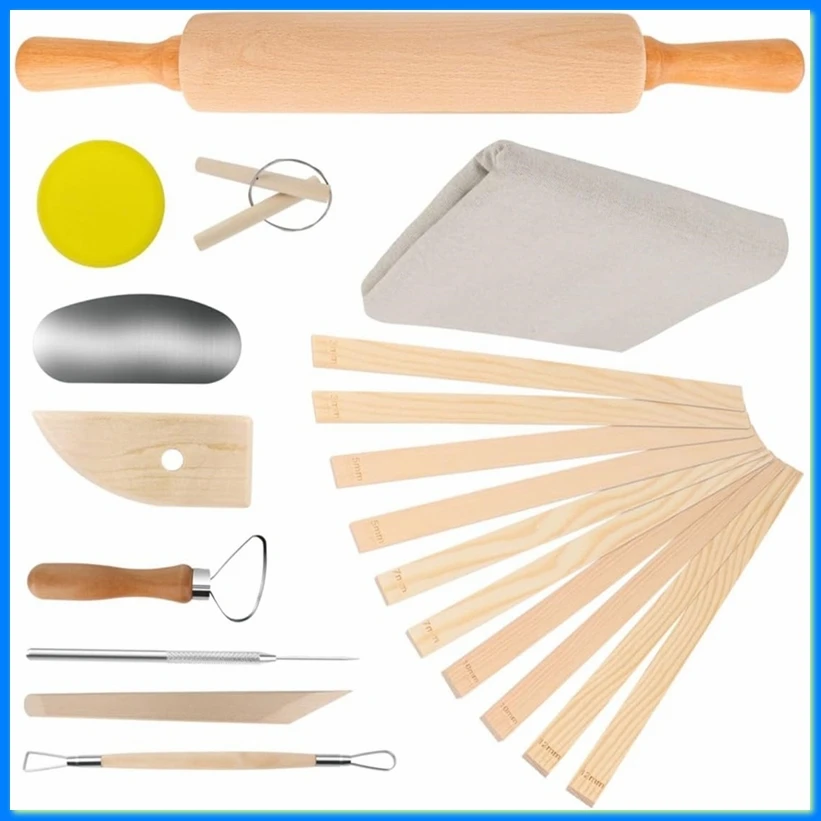 20Pcs Pottery Teaching Kit,with Rolling Pin,Pottery Teaching Rolling Mud Sticks,Clay Sculpting Tools and Premium Linen-A33R
