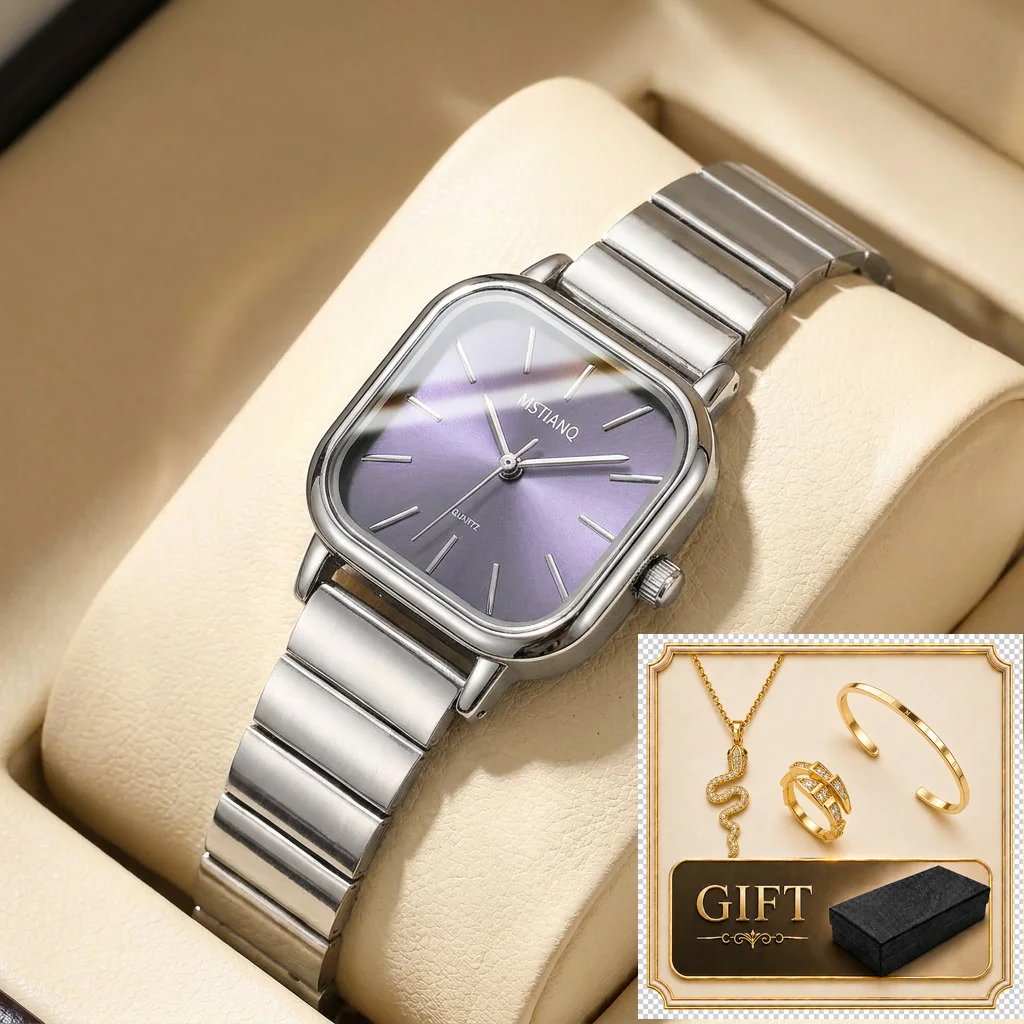 4pcs gift box set Women's purple dial alloy strap fashion rectangular bracelet details Quartz Watch Gift Box Set for party