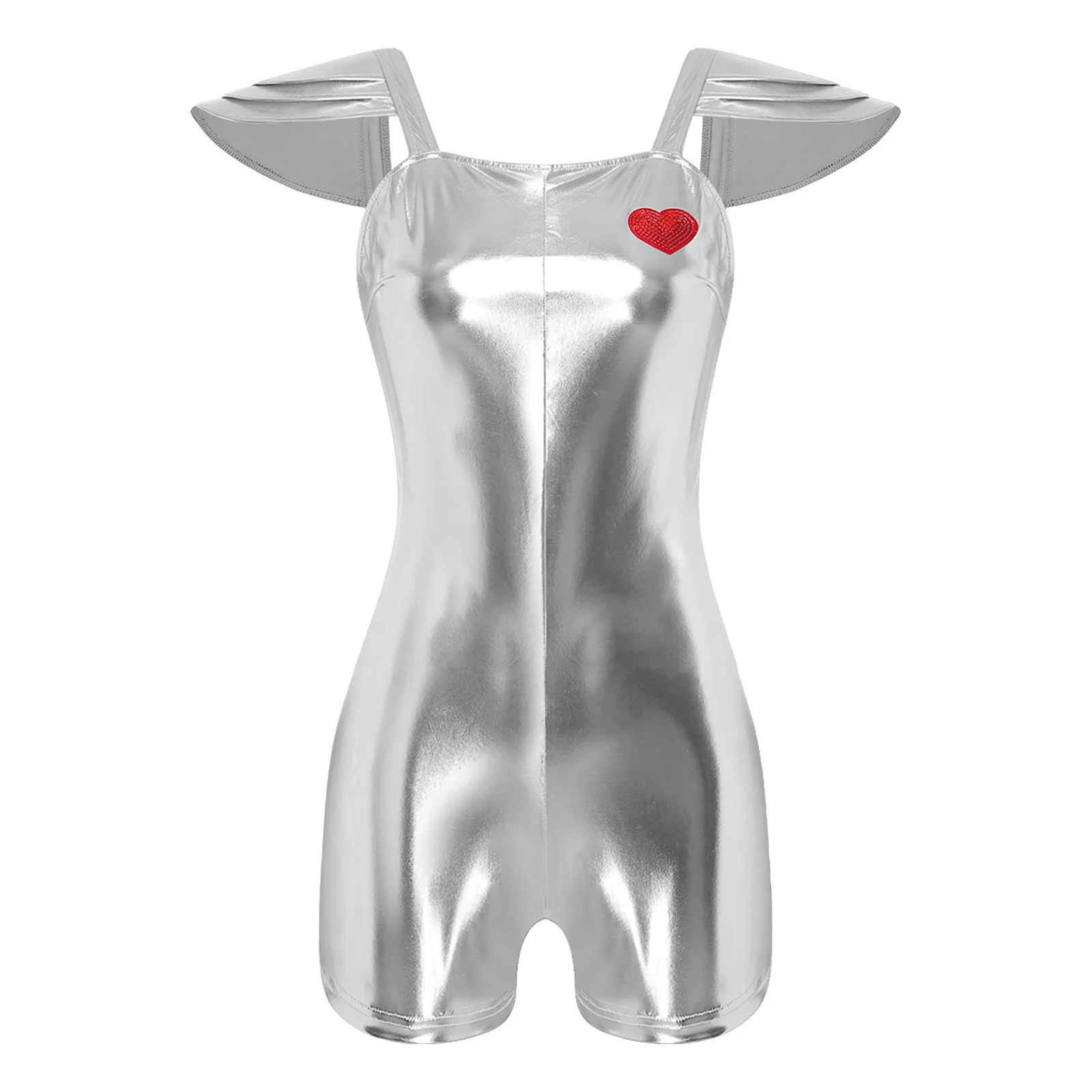 Women Metallic Rompers Unitard Heart Metallic Jumpsuit Cap Sleeve Bodysuit for Festival Theme Party Stage Performance Costumes