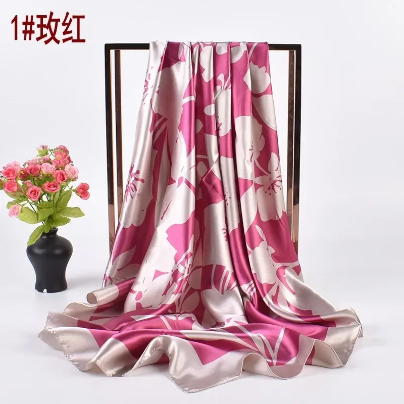 Spring Summer Floral Imitation Silk Muslim Scarf Women 90x90 Printed Square Head Scarf Multi Functional Luxury Design Head Hijab