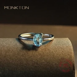 Monkton New 1CT 925 Sterling Silver Blue Topaz Oval Rings for Women Engagement Wedding Band Adjustable Simple Niche Jewelry