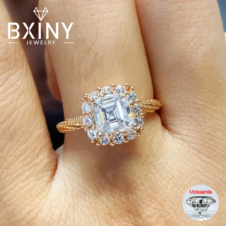 

BXINY 1 карат кольца с муассанитом огранки Asscher, стерлинговое серебро 925 пробы для женщин, сертифицированные квадратные бриллианты, обручальное кольцо с ореолом, ювелирные изделия