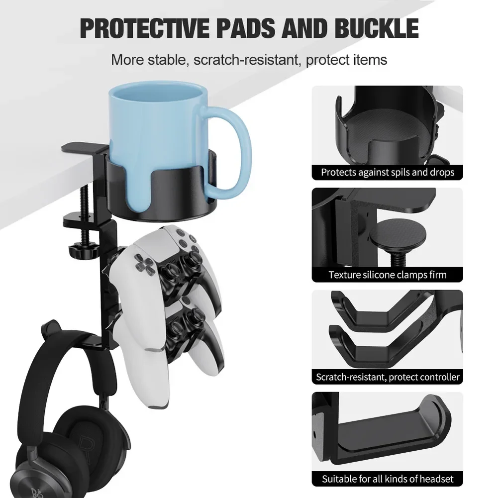 2 In 1 Desk Cup Holder With Headphone Hanger 20lb Capacity 360° Rotating Headset Display Rack Sapce-saving Table Clip Stand