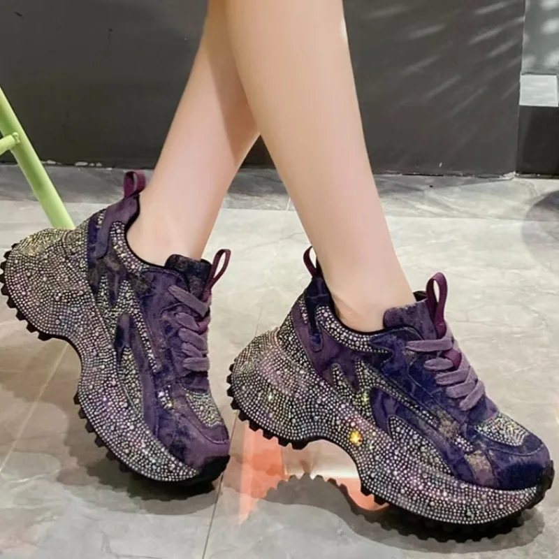 26 New Short Thick Bottom Sponge Cake Bottom Rhinestone Dad Shoes Casual Fashion Bright Diamond Sports Shoes for Women Designer
