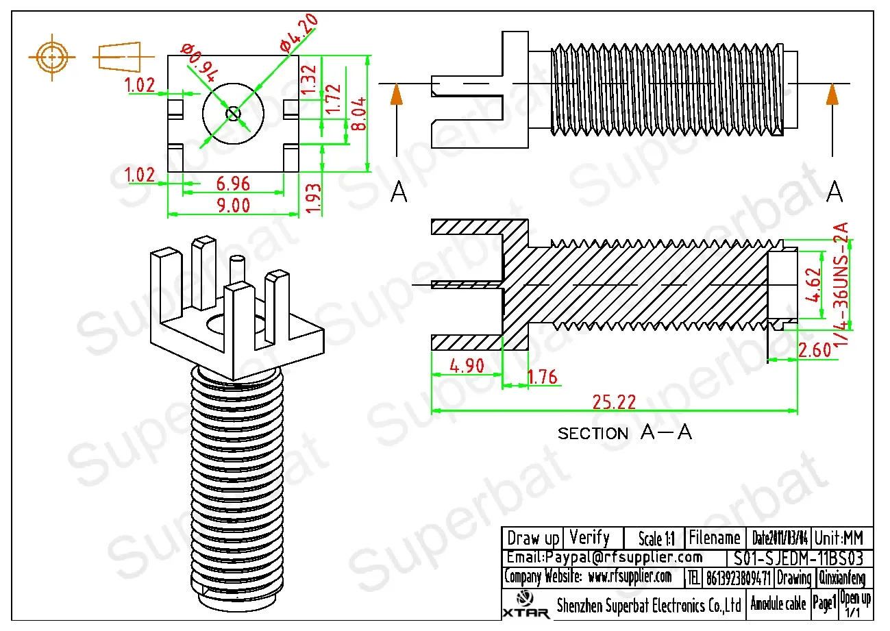 Superbat SMA End Launch Feminino PCB Mount Flange larga.062" (1.57mm) Versão longa Conector coaxial RF