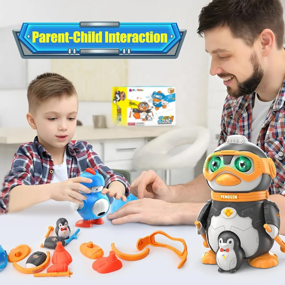 DIY montado esqui pinguim modelo de bloco de construção, puzzle animal infantil, brinquedos de educação precoce, iluminação e música, 18pcs