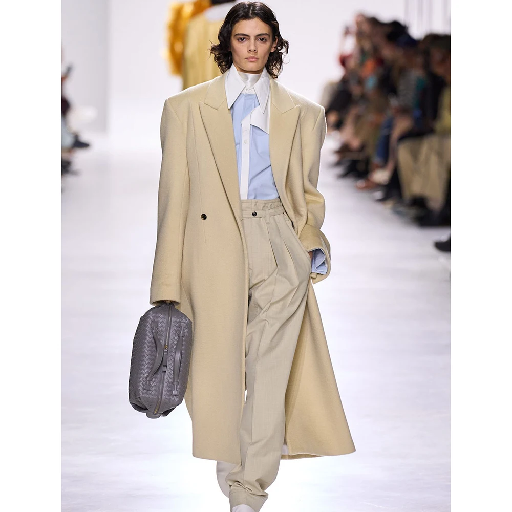 Chic Elegant  Autumn Winter Women's Oversized Double-Breasted BeigePeak Lapel  Long Coat  Loose Trench Outerwear Office Commuter